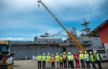 Visit of Indian Naval Ship (INS) Jalashwa, a Landing Platform Dock of the Indian Navy, to ferry the COVID-19 relief material (600 medical oxygen cylinders) to India donated by the Indian community in Brunei Darussala